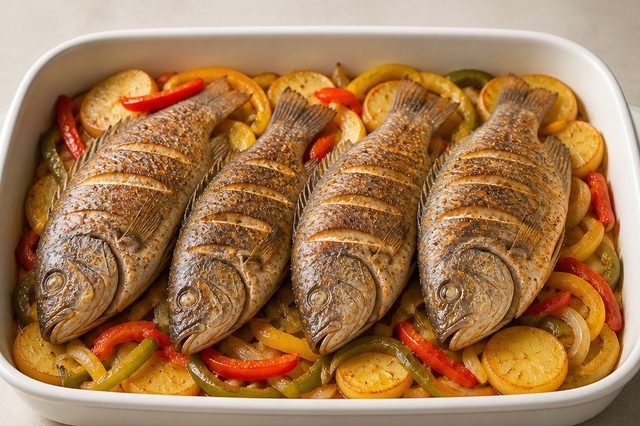 Tilápia assada com batatas e três pimentões