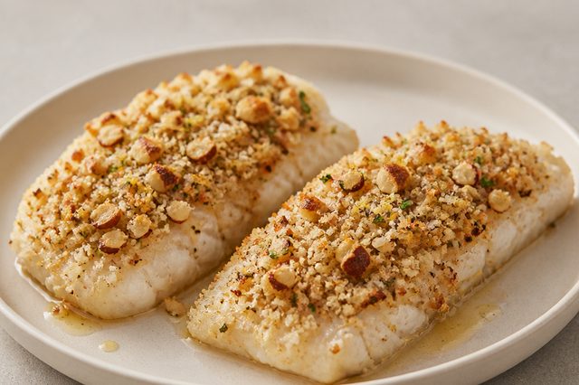 Tilápia assada com crosta de panko, mel e castanha