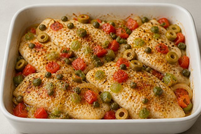 Tilápia assada com tomate, pimentão e azeitonas