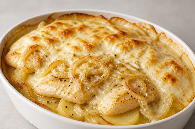 Tilápia com nata, batata e cebola gratinada