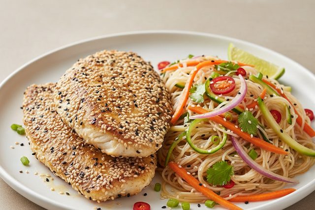 Tilápia em crosta de gergelim com salada de bifum