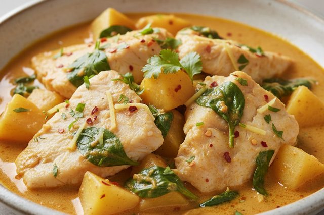 Tilápia ensopada com batata curry e leite de coco