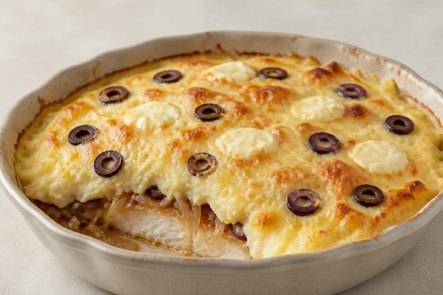 Tilápia gratinada com purê, cebola e azeitonas
