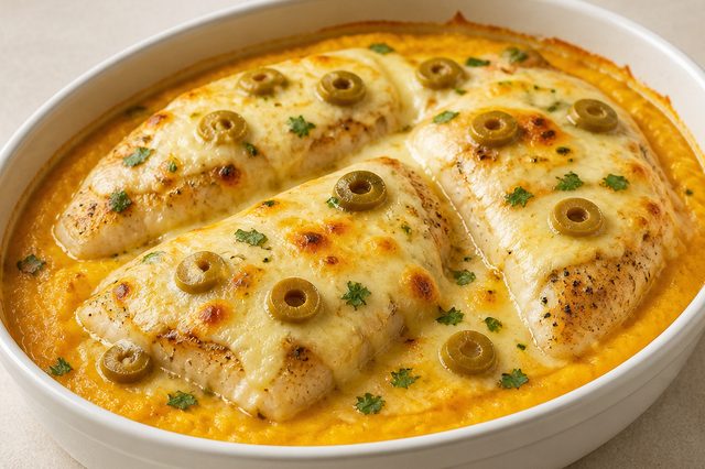 Tilápia Gratinada com Purê de Abóbora e Leite de Coco