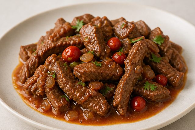 Tiras de carne com shoyu e molho de tomate