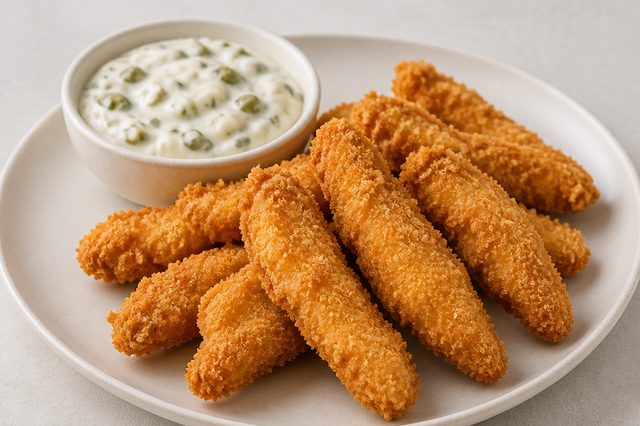 Tiras de frango empanadas com molho tártaro de alcaparras