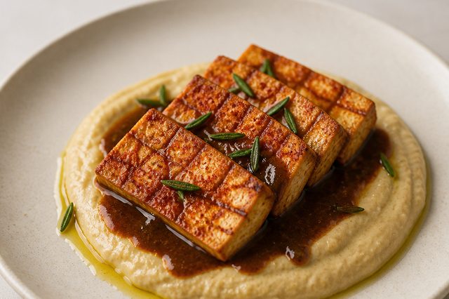 Tofu defumado com creme de castanhas e molho de vinho