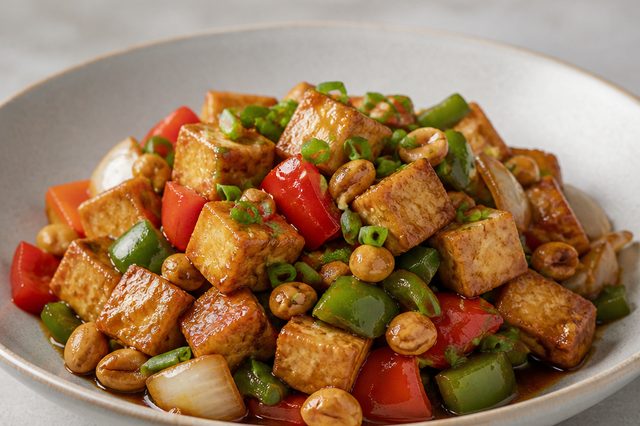 Tofu xadrez com pimentão e amendoim