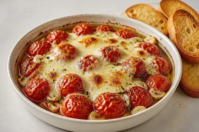 Tomates confitados com requeijão cremoso gratinado