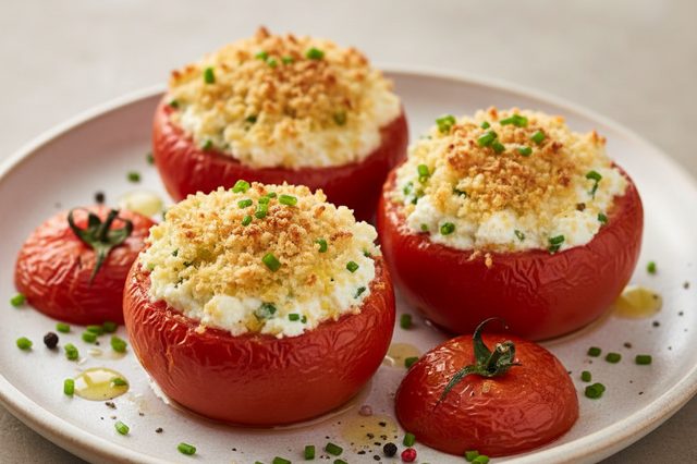 Tomates recheados com ricota e crosta de panko
