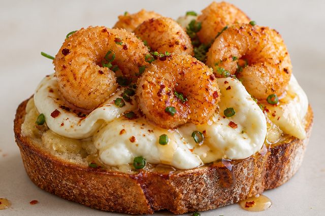 Torrada de burrata com alho assado e camarão crocante
