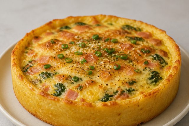 Torta de batata com ovos, presunto e espinafre