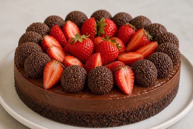 Torta de brigadeiro com morangos e base de biscoito