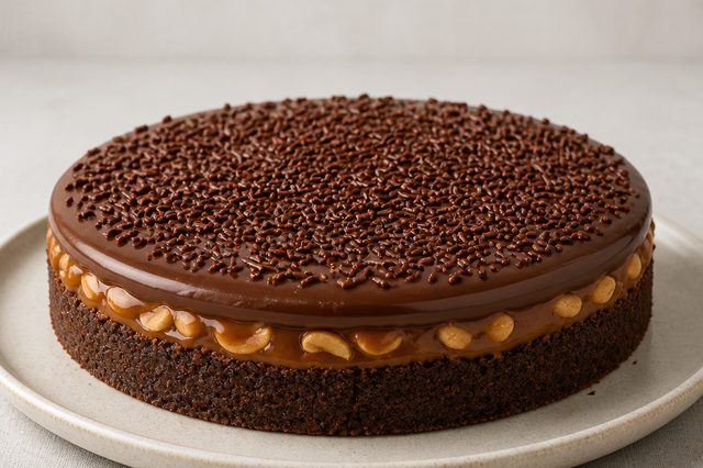 Torta de caramelo com amendoim e ganache meio amarga