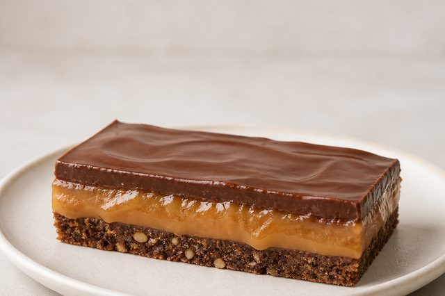 Torta de caramelo e chocolate com base de castanhas