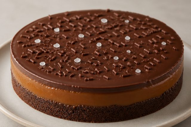 Torta de caramelo salgado com base de biscoito e cacau
