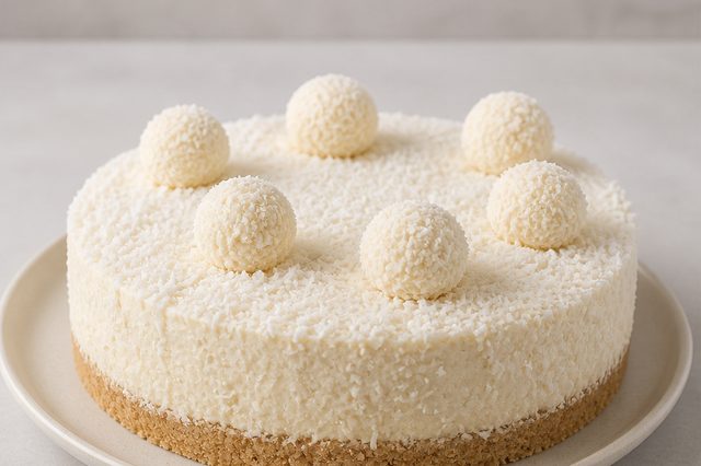 Torta de coco com cream cheese e bombons Raffaello
