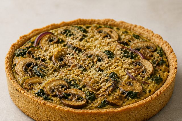 Torta de cogumelos e espinafre com base de grão-de-bico