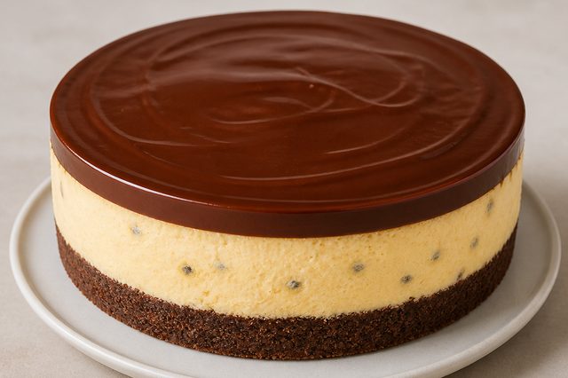 Torta de maracujá com base de biscoito de chocolate e ganache