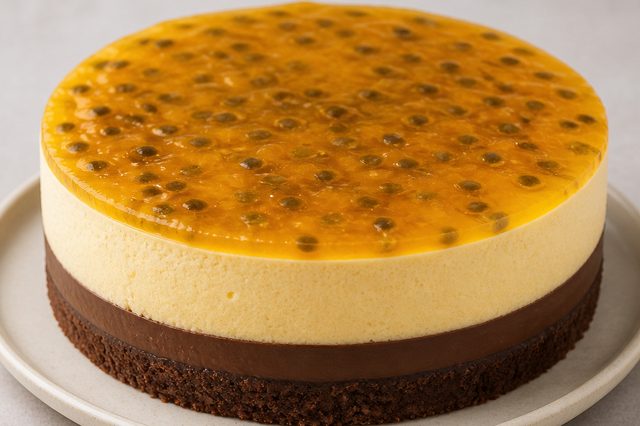Torta de maracujá com ganache sob a mousse e geleia