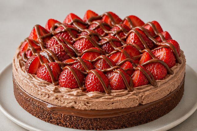 Torta de morango com chantilly de chocolate e avelã