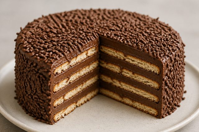 Torta de palha italiana com brigadeiro de chocolate em pó