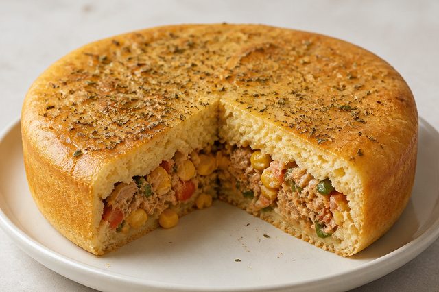 Torta de sardinha com milho e azeitonas