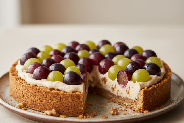 Torta de uva com creme de nozes e base de granola