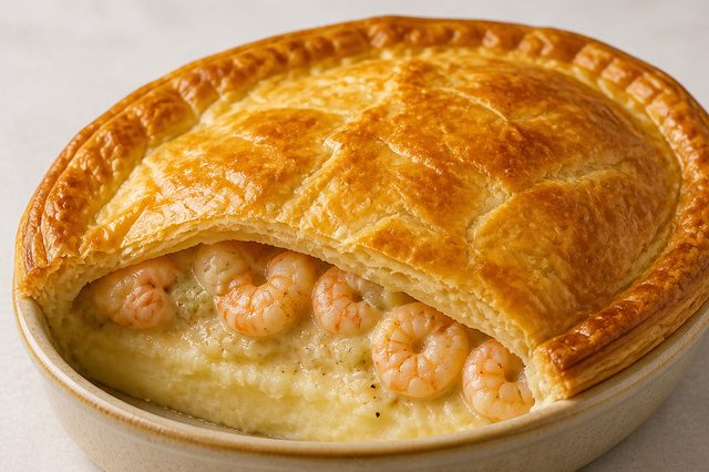 Torta folhada de camarão com purê de batata
