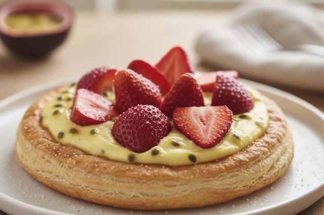 Torta folhada de morango com creme de maracujá