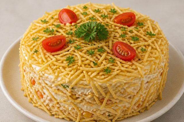 Torta fria de pão com frango e cobertura de batata palha