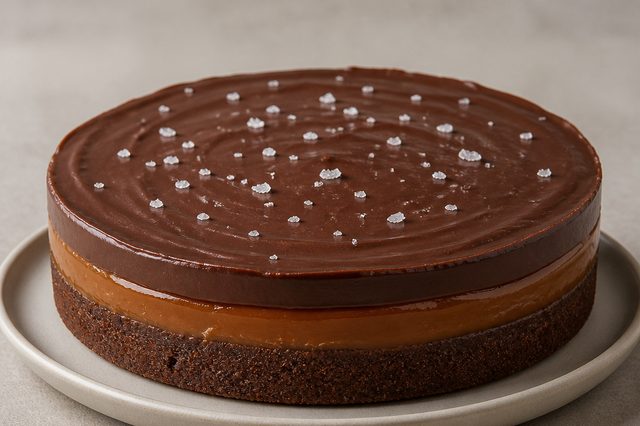 Torta gelada de caramelo com base de biscoito e ganache