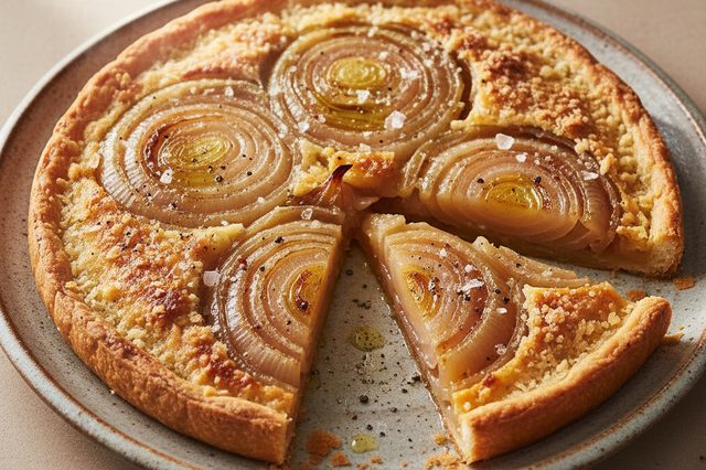 Torta invertida de cebola com massa de parmesão