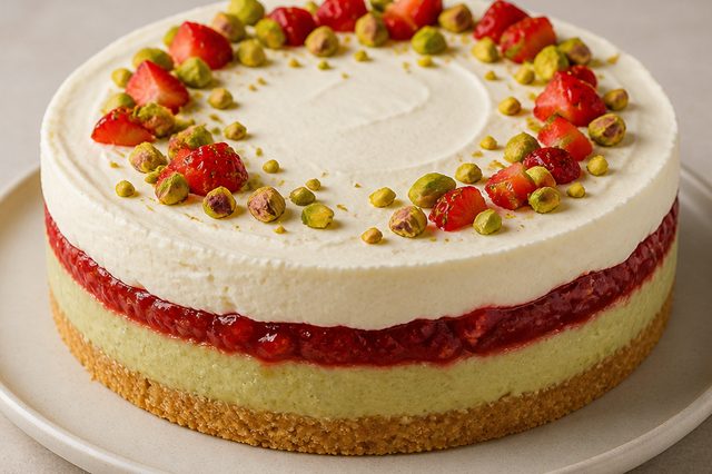 Torta mousse de pistache com geleia de morango