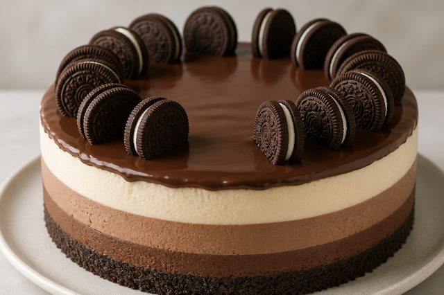 Torta mousse de três chocolates com biscoito recheado