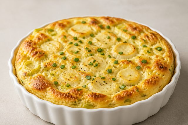 Torta suflê de alho-poró e palmito