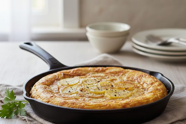 Tortilla de batata e cebola na frigideira