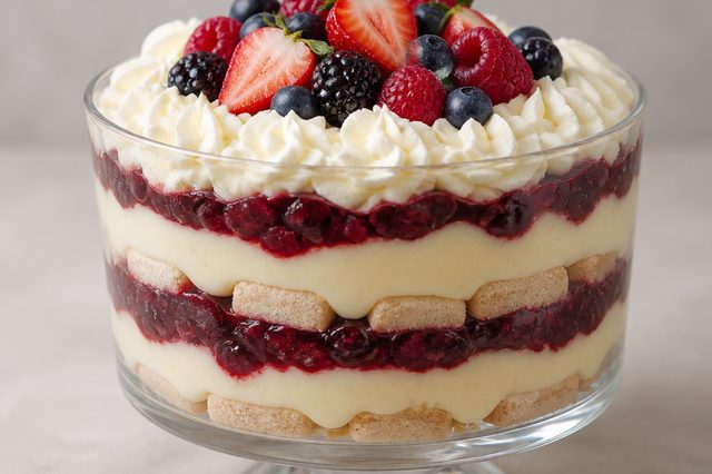 Trifle de creme de baunilha com geleia de frutas vermelhas