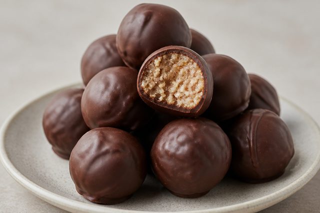 Trufas veganas de banana, tâmara e biscoito de arroz