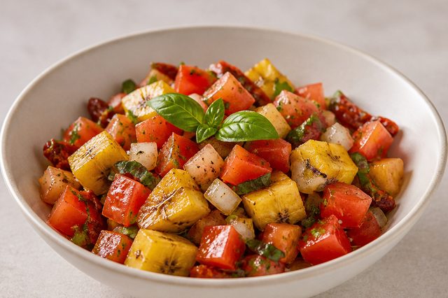 Vinagrete de tomate seco com banana-da-terra e manjericão