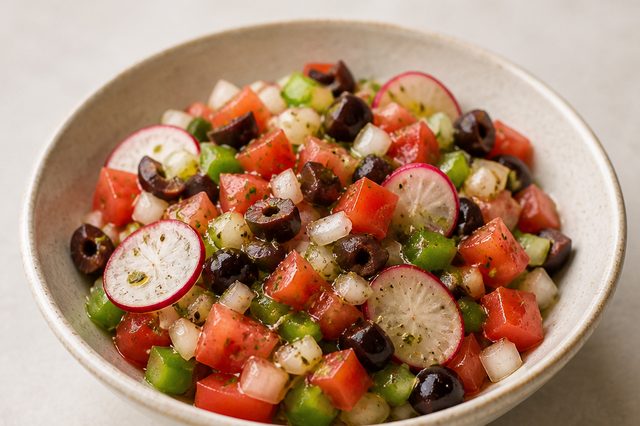 Vinagrete mediterrâneo de azeitonas e rabanete