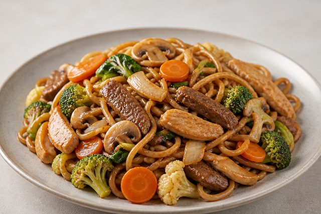 Yakisoba de frango e alcatra